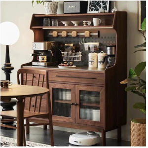 北歐黑胡桃色餐邊櫃 客廳靠牆收納櫃 實木咖啡櫃 茶水櫃