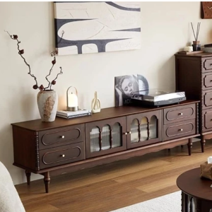 實木複古法式美式落地客廳儲物櫃電視櫃茶幾組閤收納新款